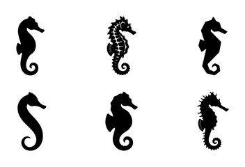 Seahorse Silhouettes Vector Set, Marine Life Icons, Ocean Creatures Graphics, Nautical Design Elements, Black and White Aquatic Animals © Lamiya