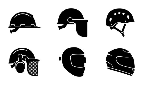 Safety Helmets Collection, Protective Headgear Icons, Hard Hat, Welding Mask, Motorcycle Helmet, Industrial Gear Set