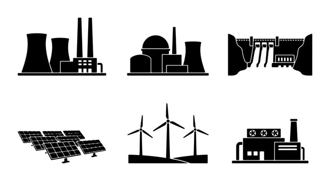 Industrial Power Generation Icons: Nuclear, Thermal, Hydro, Solar, Wind Energy Facilities, Set of 6 Vector Graphics for Energy Concepts