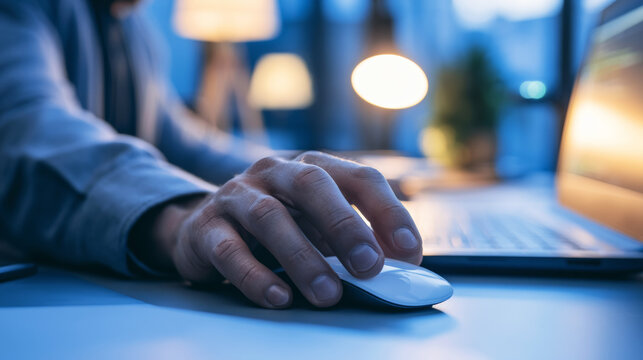 Hand resting on a white computer mouse, person working on a laptop at a desk with blue ambient lighting, focus on digital tasks