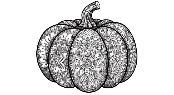 A detailed black and white illustration of a decorated pumpkin with floral patterns.