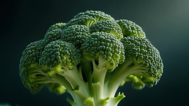 Macro cinematic video of a single broccoli floret standing upright and turns slowly, bright contrasting background