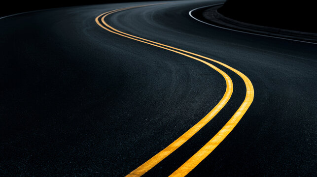 Dark asphalt road curving sharply with bright yellow double lines, creating a minimalist composition and negative space
