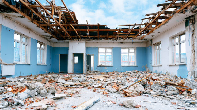 Derelict room with fallen ceiling structure, exposed wooden beams, and rubble covering the floor. Concept of urban decay