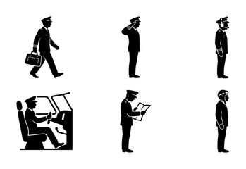 Pilot Silhouette Collection: Diverse Poses for Aviation and Travel Graphics, Set of 6 Vector Icons © Rahim