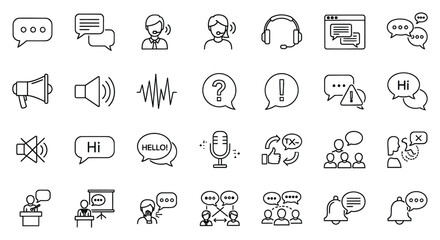 A set of black and white line icons representing various communication and technology concepts, including speech bubbles, microphones, headphones, and devices. © MdSaiful