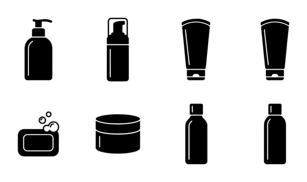 Cosmetic Packaging Icons, Skincare Bottles Vector Set, Beauty Product Containers Collection, Personal Care Dispenser Graphics