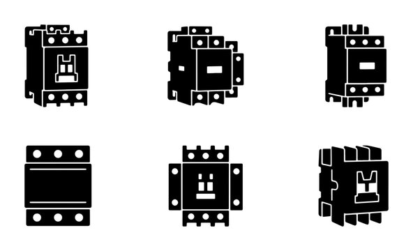 Electrical Contactor Icons Set, Industrial Power Switch Symbols, Magnetic Starter Vector Graphics, Circuit Breaker Components, Energy Control Equipment