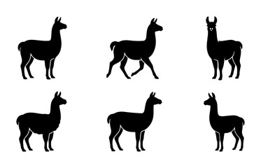 Llama Silhouette Collection, Six Vector Icons, Animal Graphics, South American Camelid Poses, Black and White Design Elements © Rukhsana