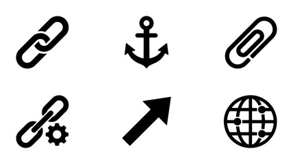 Link Icons Set, Anchor Symbol, Paperclip Graphic, Gear Link, Upward Arrow, Globe Network Icons, Vector Graphics for Web and Business © Rukhsana