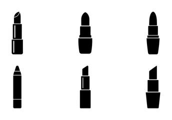 Obraz premium Six Black Lipstick Icons, Makeup Vector Set, Cosmetic Lip Product Silhouettes, Beauty Application Symbols for Design