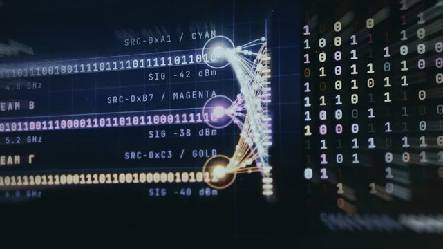 Graphic representing high-tech information flow over 3 stream channels and a matrix of binary characters