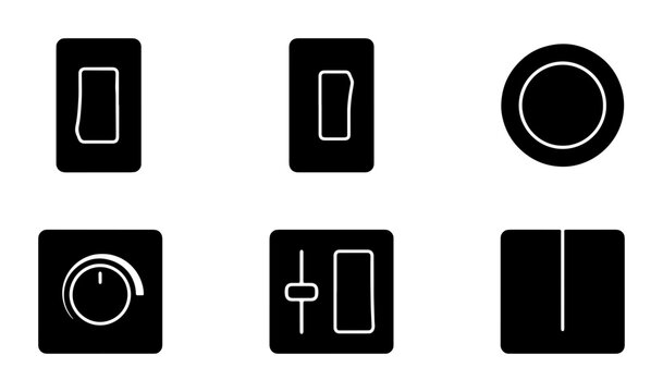 Set of 6 Black Vector Icons: Light Switches, Rotary Dial, Slider Control, Power Button, Electrical Controls, Home Automation Elements