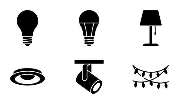 Illumination Icons Set: Lightbulb, LED, Lamp, Spotlight, String Lights, Vector Graphics for Energy, Ideas, and Home Decor