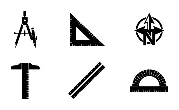 Engineering and Drafting Tools Vector Icons Set: Compass, Ruler, Protractor, Caliper, Set Square, Navigation Symbol for Technical Design, Architecture, and Precision Measurement