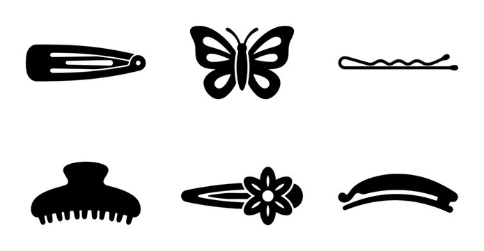 Set of 6 Black Hair Accessories Icons: Butterfly, Snap Clip, Bobby Pin, Claw Clip, Flower Clip, Barrette. Simple Vector Graphics for Styling and Beauty.