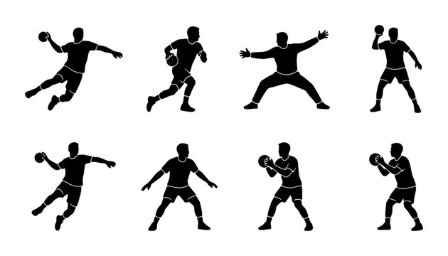 Handball Player Silhouettes, Dynamic Action Poses, Team Sport Vector Graphics, Athletic Male Figures in Motion