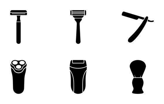 Collection of Six Shaving Tools, Vector Icons: Razors, Straight Razor, Electric Shaver, Shaving Brush, Grooming Accessories, Personal Care Elements
