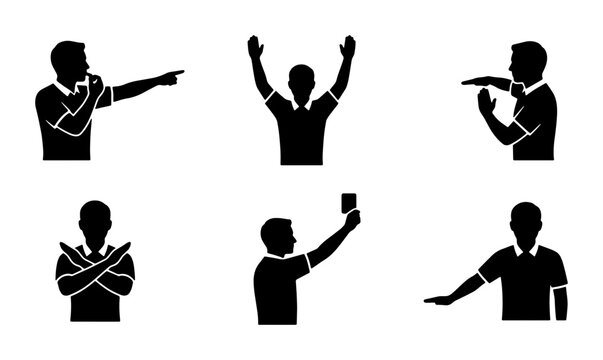 Referee Signals Set, Sports Official Gestures Collection, Soccer Game Commands, Black and White Iconography for Officiating and Rules Enforcement