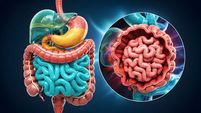 Human digestive system with magnified intestines during digestion on a blue gradient with light flares