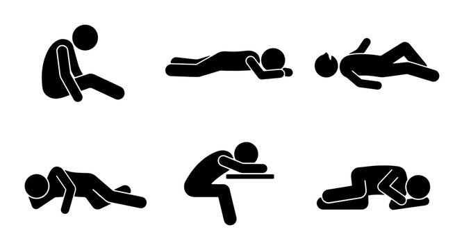 Stick Figure Poses, Exhausted Person Icons, Sleepy Human Silhouettes, Vector Set of Tired Figures in Various Positions for Stress and Fatigue Concepts