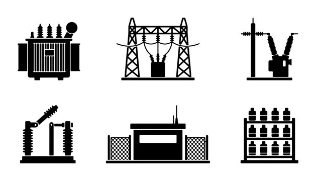 Electrical Power Infrastructure Icons: Transformer, Substation, Switchgear, Power Line Tower, Control Building, Fuse Rack Vector Set