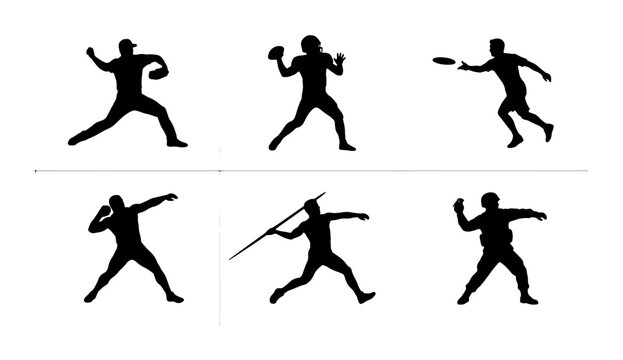 Sports Action Silhouettes: Baseball Pitcher, Football Quarterback, Frisbee Thrower, Shot Put, Javelin Thrower, and Discus Thrower Vector Icons