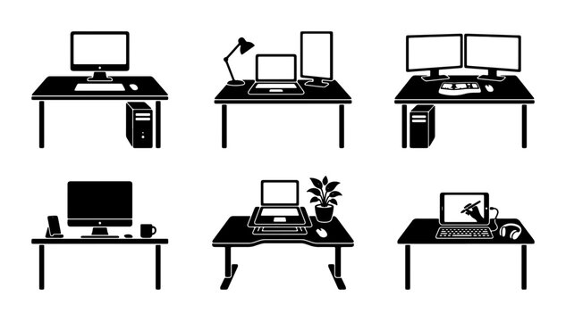 Modern Office Desks, Computer Workstations, and Home Office Setups Vector Icons, Digital Workspace Elements for Business and Technology Concepts