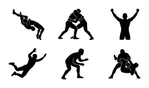 Wrestling Silhouettes, Grappling Combat Sports Icons, Athletic Action Poses, Dynamic Competition Graphics, Vector Set