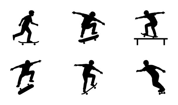 Skateboarder Silhouettes: Dynamic Action Poses, Extreme Sports Vector Icons, Urban Lifestyle Graphics, Set of 6