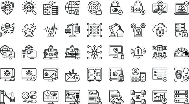 AI Cybersecurity & Threat Detection Line Icons Set &ndash; Security Dashboard, Network Protection & AI Monitoring Outline Vector Icons