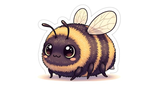 A cute cartoon bee with big eyes and fuzzy body stands on ground