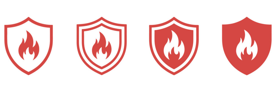 Shield with flame vector icons showing fire safety, protection, and hazard prevention symbols.