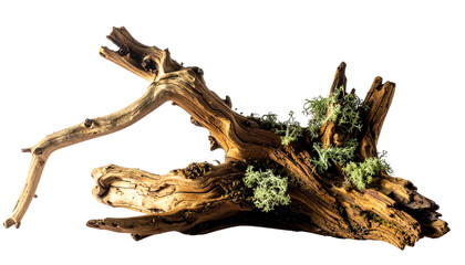 Fototapeta premium A gnarled piece of driftwood, adorned with small clusters of green lichen, rests isolated against a clean white background.