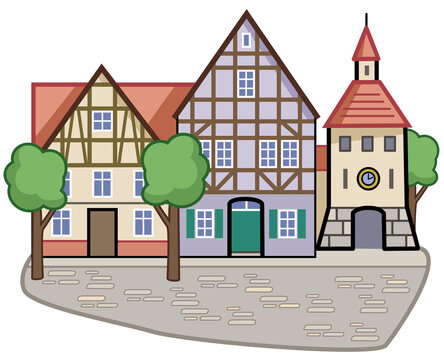 Kleinstadt oder Dorf mit H&auml;usern, Turm und Stra&szlig;e