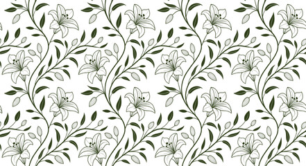 Seamless floral vine pattern with elegant blooming flowers and flowing botanical leaves. Decorative nature background for wallpaper, fabric, textile, wrapping paper, and surface print design. Hand  © Khadiza
