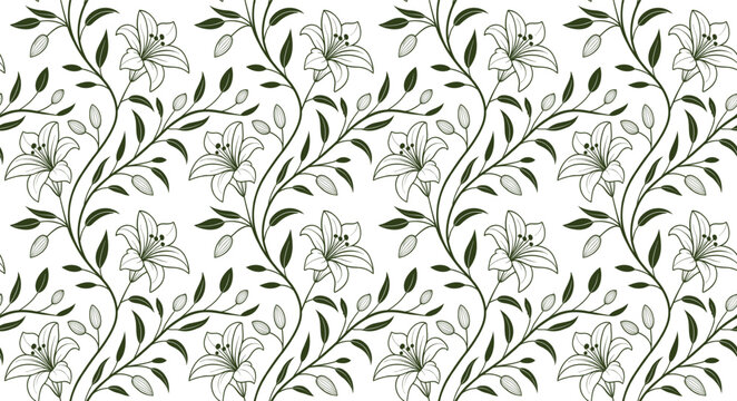 Seamless floral vine pattern with elegant blooming flowers and flowing botanical leaves. Decorative nature background for wallpaper, fabric, textile, wrapping paper, and surface print design. Hand 