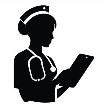 Nurse on Rounds with Tablet, corridor vector silhouette line art logo design concept illustration idea