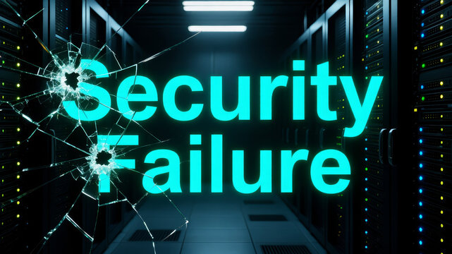 Glowing neon typography with fractured digital effects representing severe cybersecurity collapse and compromised network protection systems