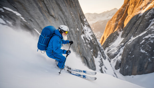 Professional skier with a white beard and blue winter gear descending a steep snowy mountain slope with a heavy backpack and majestic rocky peaks in the background during daytime