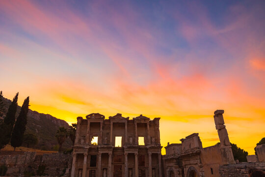 The Library of Celsus at sunset. Dramatic sky over the Ephesus
