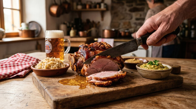 Eisbein Roasted Pork Knuckle Sliced on Wooden Board in Farmhouse Kitchen