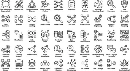 Knowledge graph ontology outline icon collection with semantic data integration and graph database workflow symbols for app design © MdMahfujAhmmed