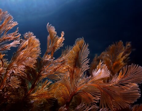 a close up view of brown wavy seaweed branches swaying gently against a dark atmospheric background