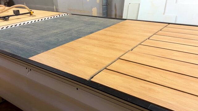 Professional CNC machine processing wooden panels in furniture factory.
