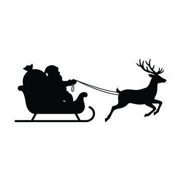 Santa Claus Sleigh with Reindeer Silhouette, Christmas Eve Flying Sleigh Vector Isolated on White Background, Minimalist Xmas Holiday Design.