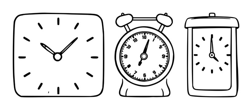 Timer set with black line art on white background featuring countdown, stopwatch, timekeeping with minimalist and vector illustration