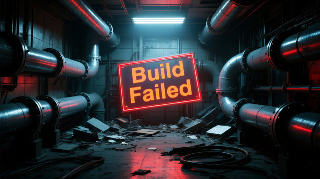 Industrial server environment with warning typography representing failed software builds and catastrophic deployment instability