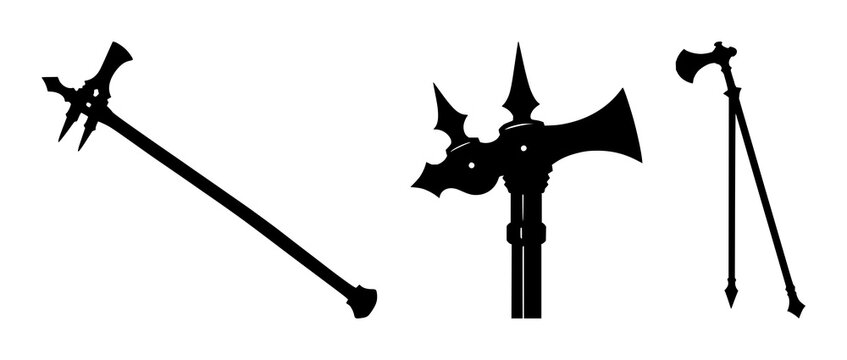 Medieval mace set with solid black silhouette on white background featuring high contrast, historical weaponry, spikes with black and white and illustration