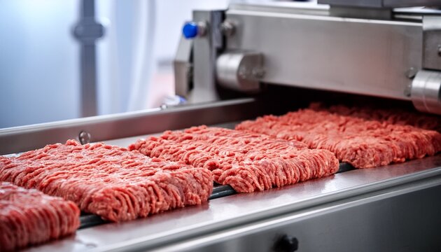close up of fresh ground meat on conveyor belt a glimpse into food production promising quality and efficiency for culinary and industrial applications high res stock